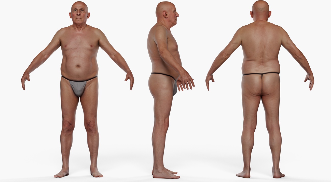 Full body 3D scan of a heavy-set older male with mature skin detail, retopologised quad mesh